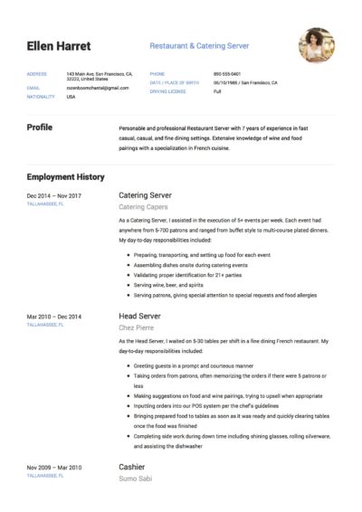 Resume - Restaurant & Catering Server