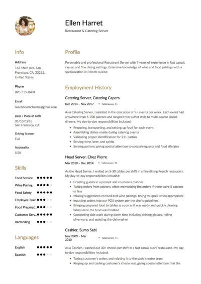 Sample Resume Catering Server
