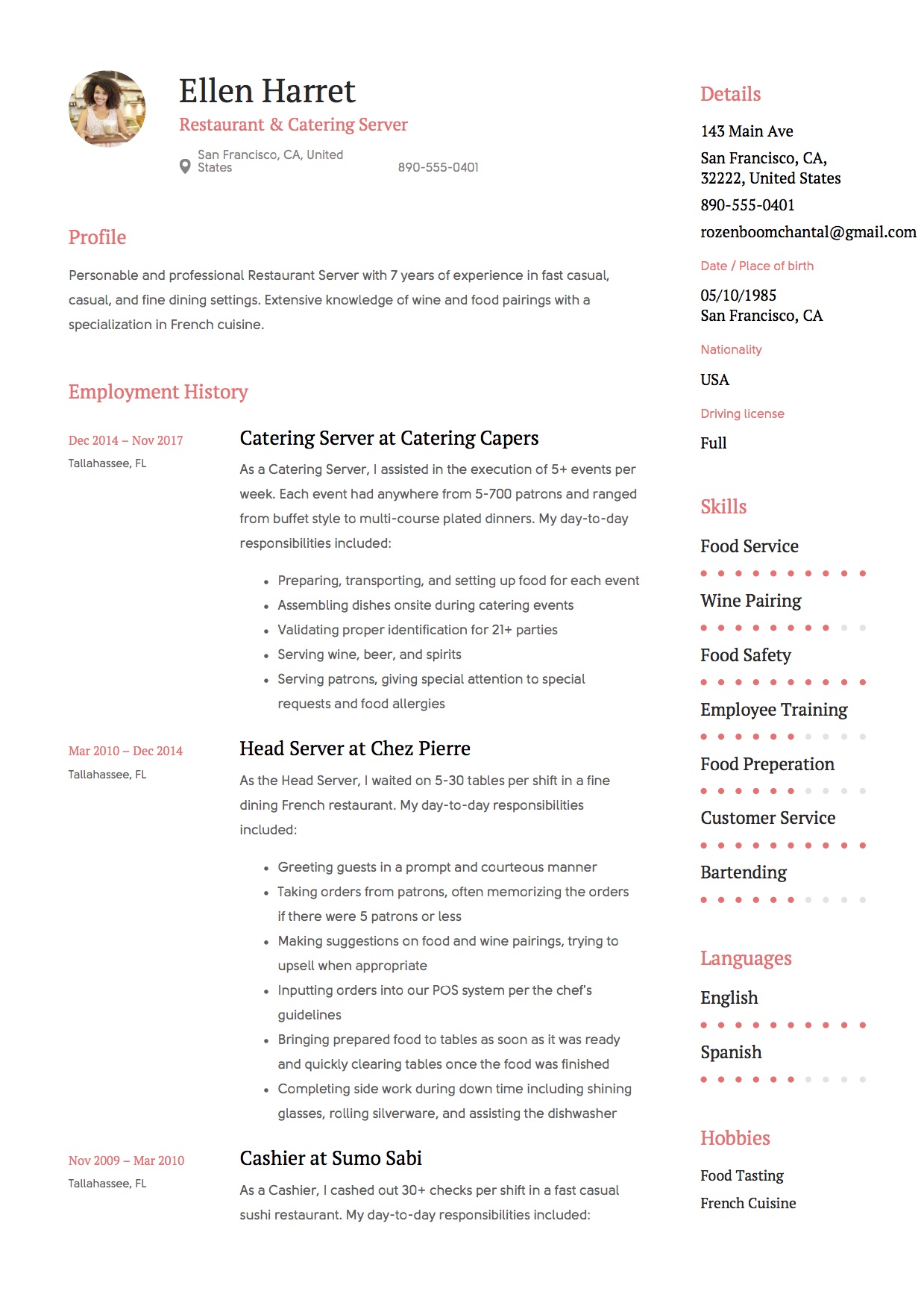 Server Resume Red accents
