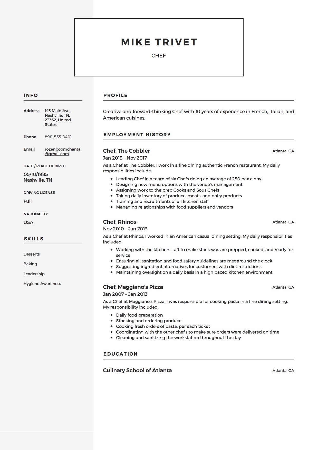 12 chef resume sample s    12 different designs