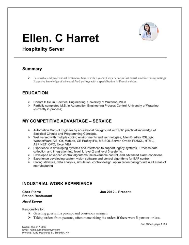 formal word resume with photo