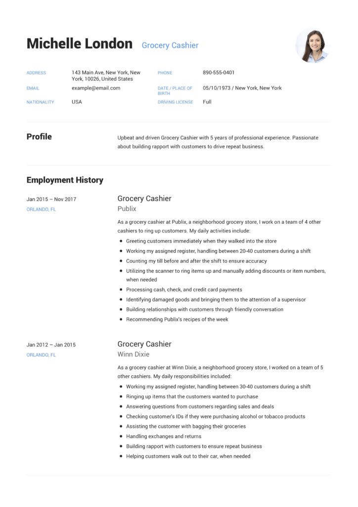 Resume Grocery Store Cashier