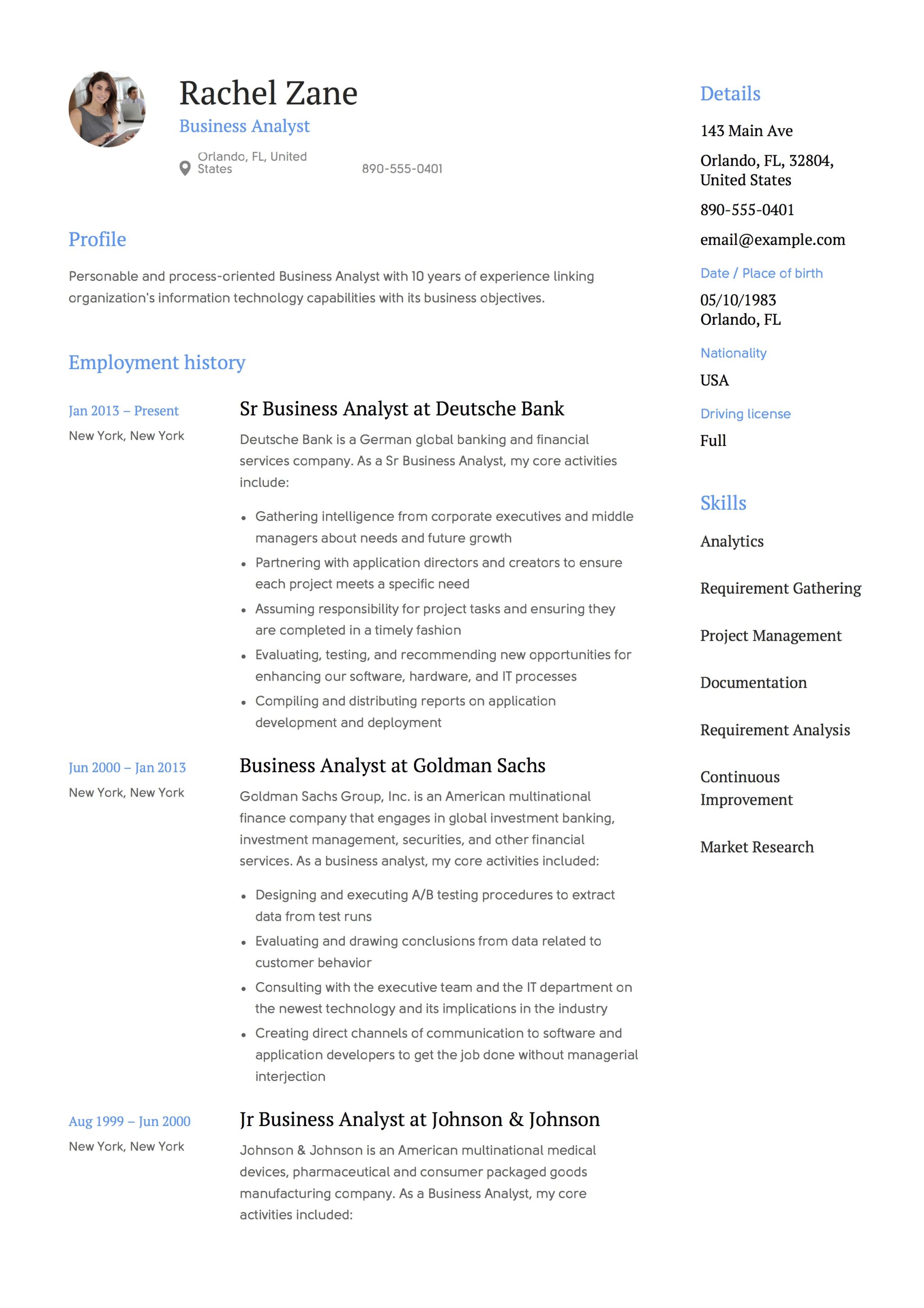 Blue Modern Business Analyst Resume Sample with photo