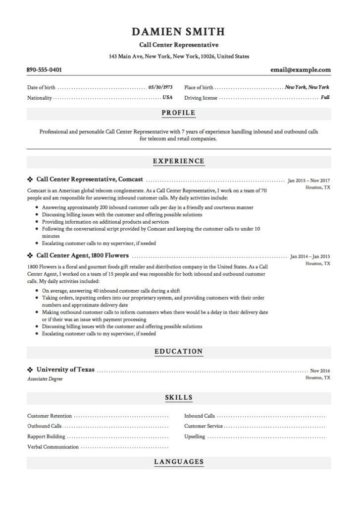 Call Center Representative Resume