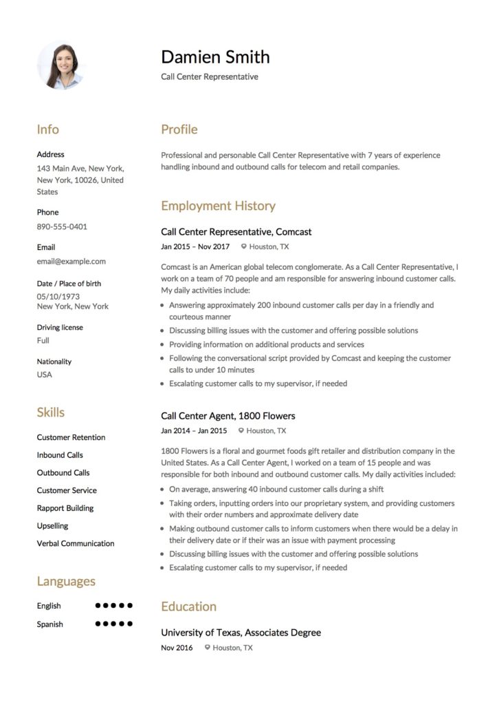 Example Resume Call Center Representative