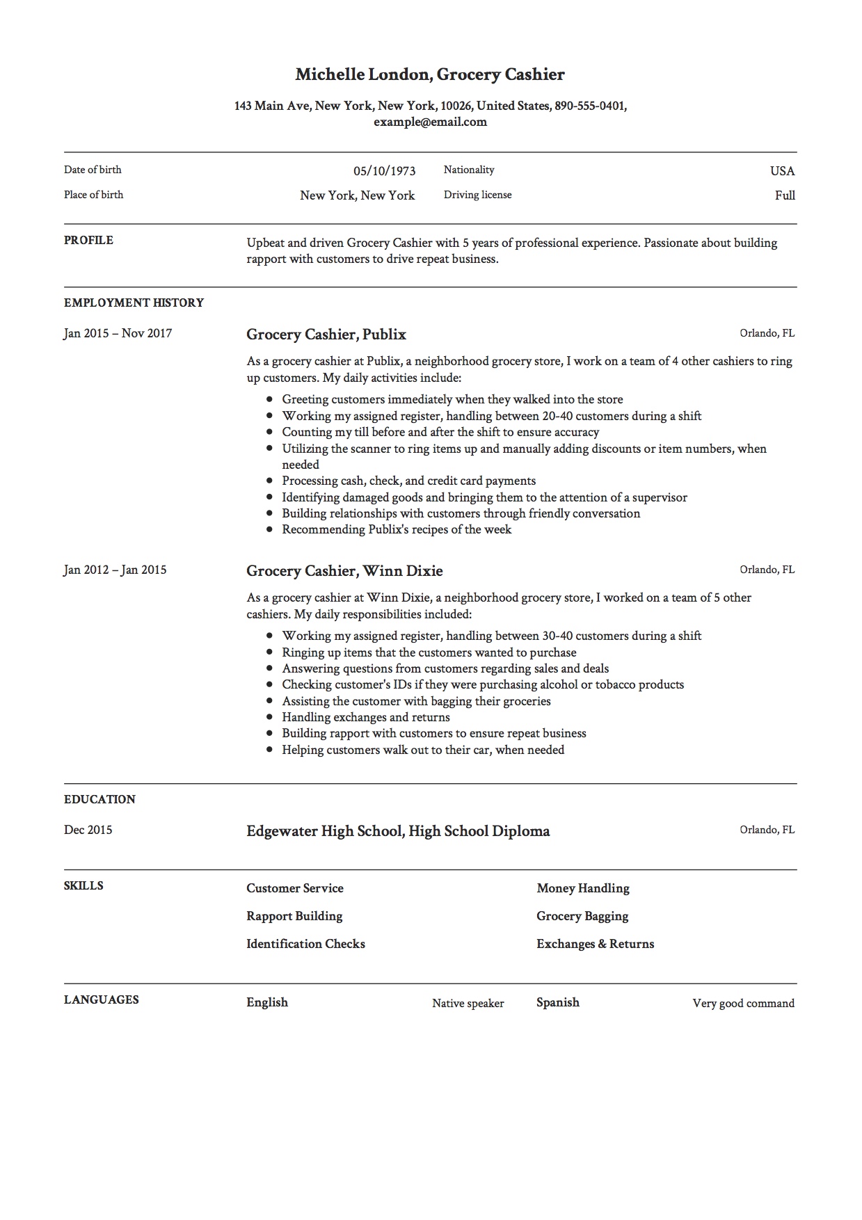 Grocery Cashier Resume Example