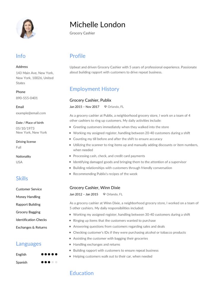 Modern Blue Grocery Cashier Example Resume