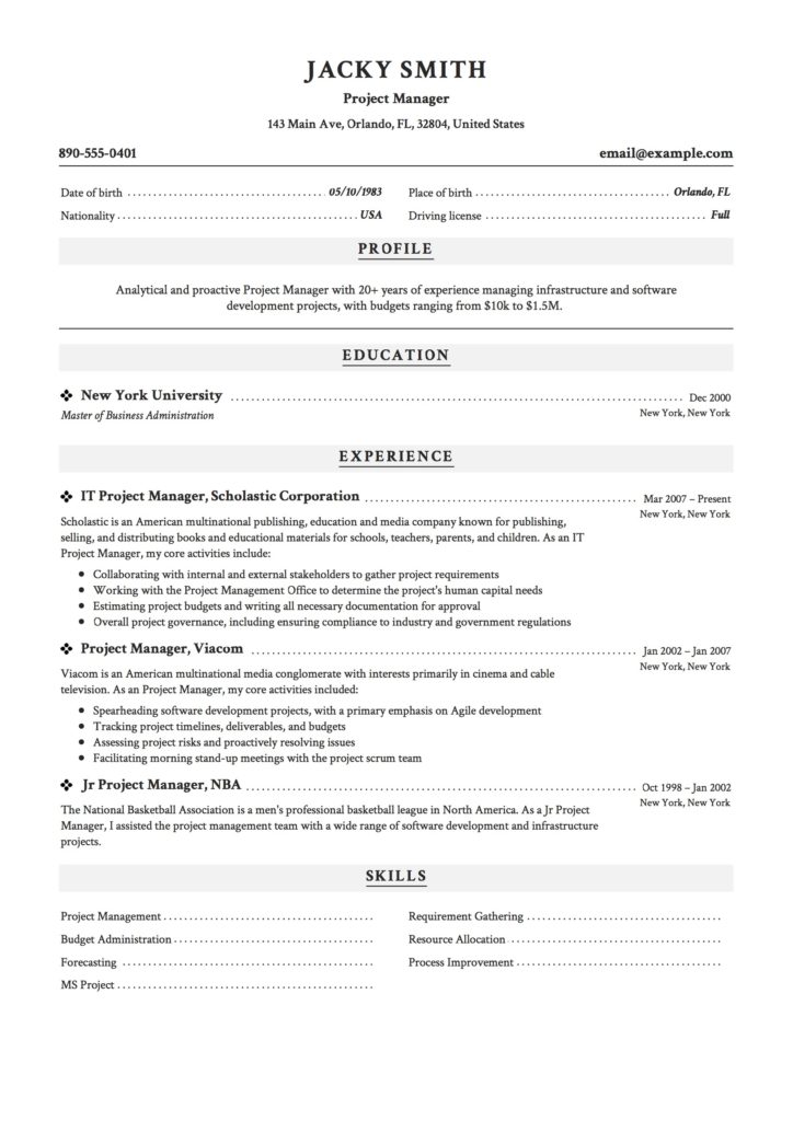 Project Manager resume sample