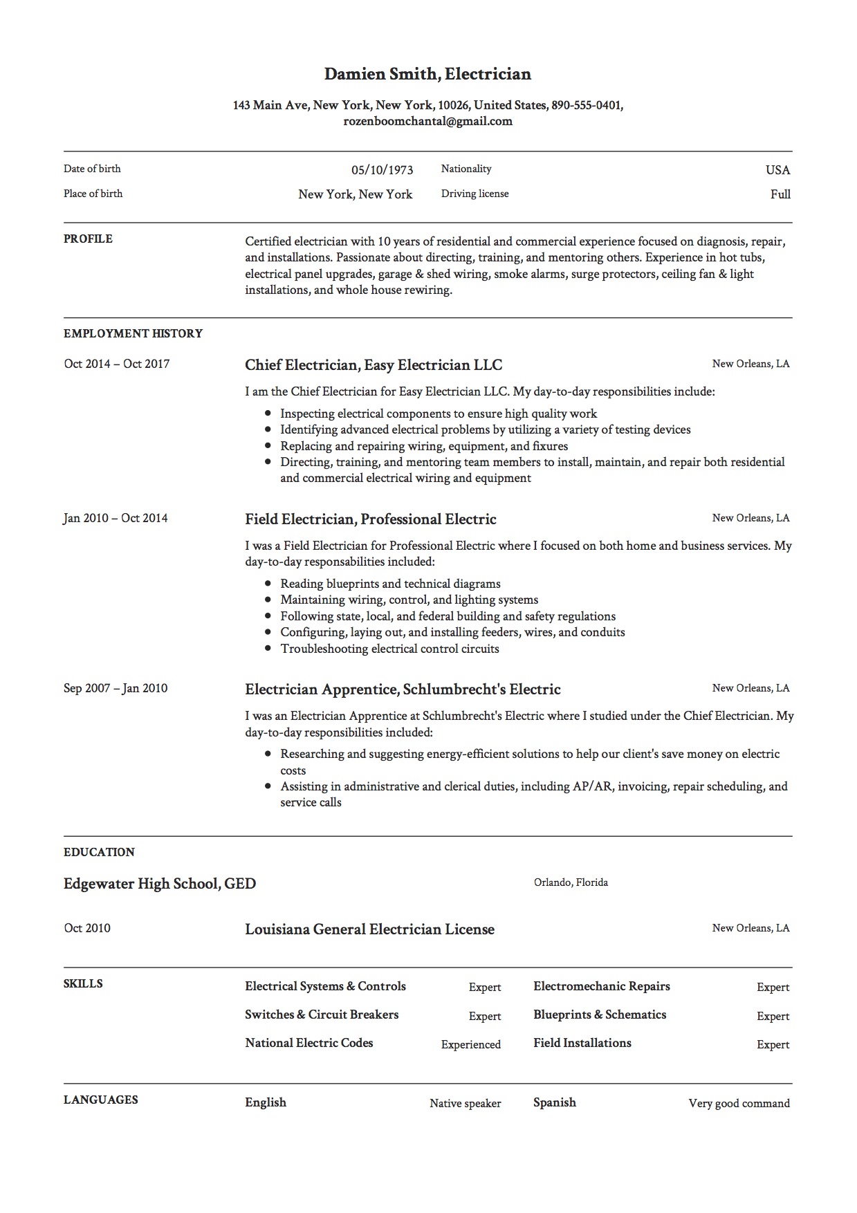 12 Electrician Resume Sample S 2018 Free Downloads