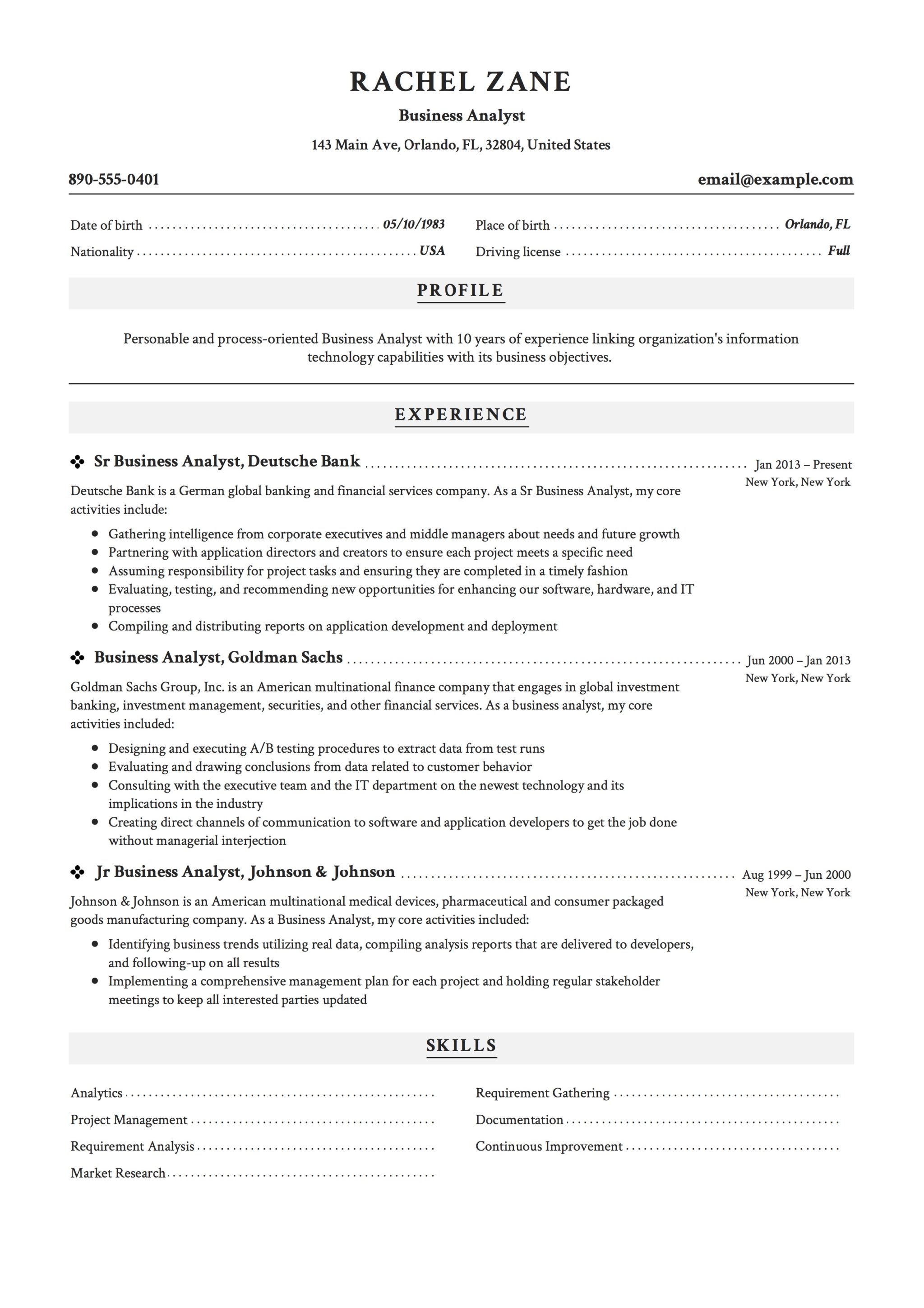 Professional Resume Example Business Analyst
