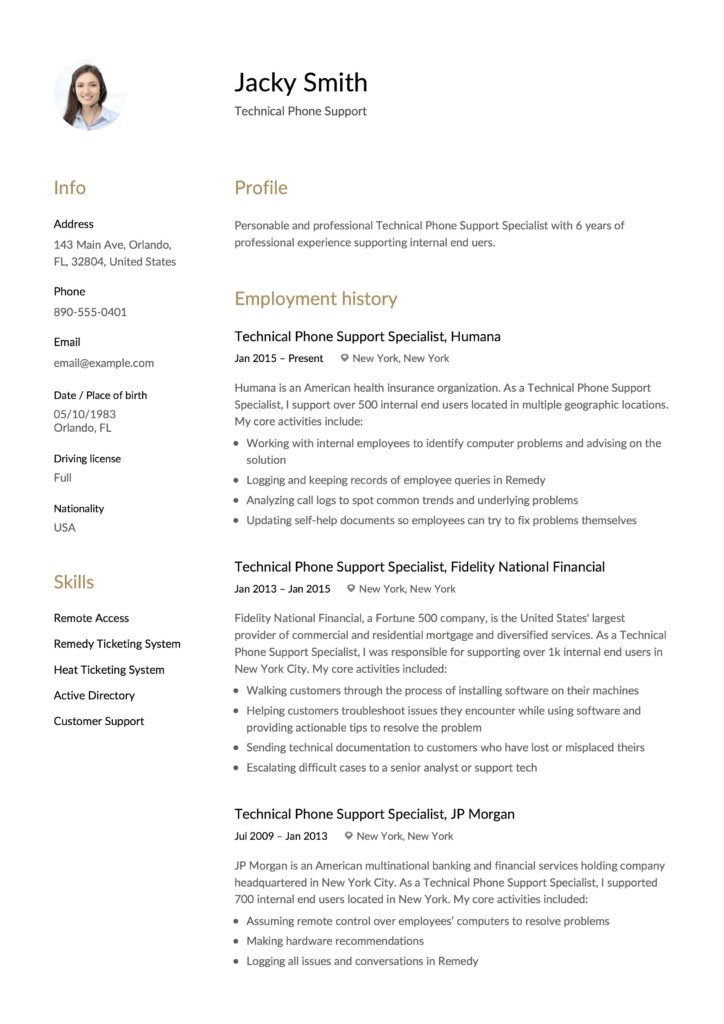 Resume Example Phone Support