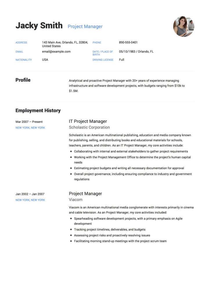 resume sample for project manager