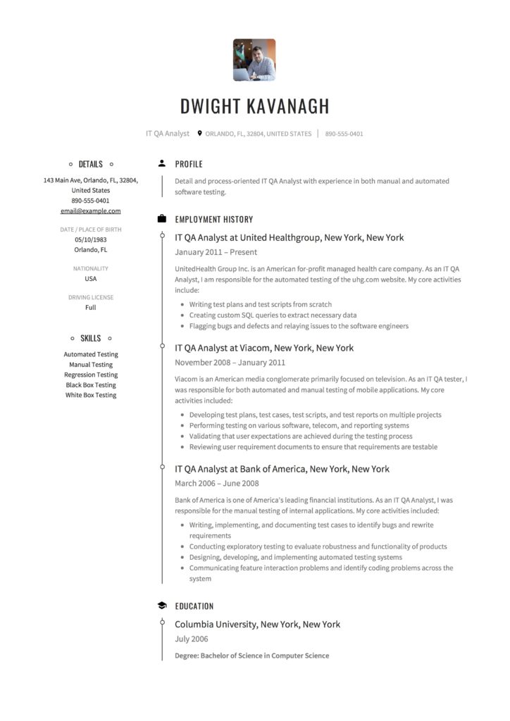 Creative Resume Sample IT QA Analyst