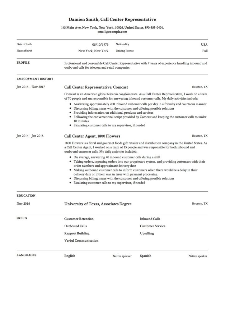 Call Center Representative CV