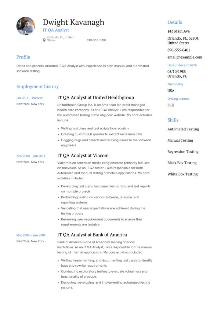 Resume Template IT QA Analyst with photo
