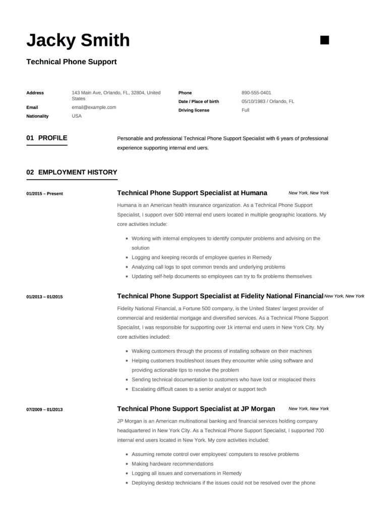 Technical Support Resume Example