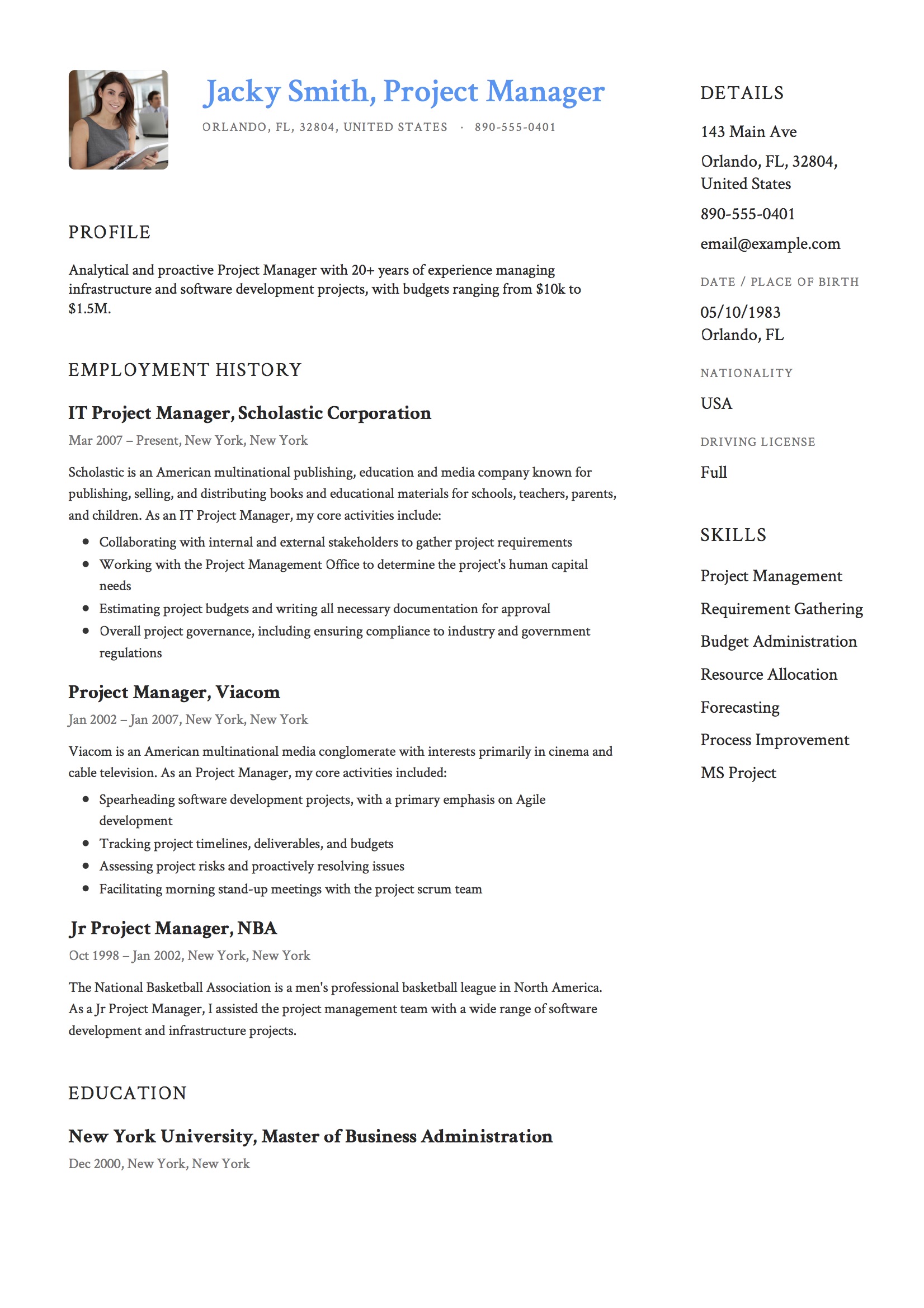 Blue Resume Project Manager