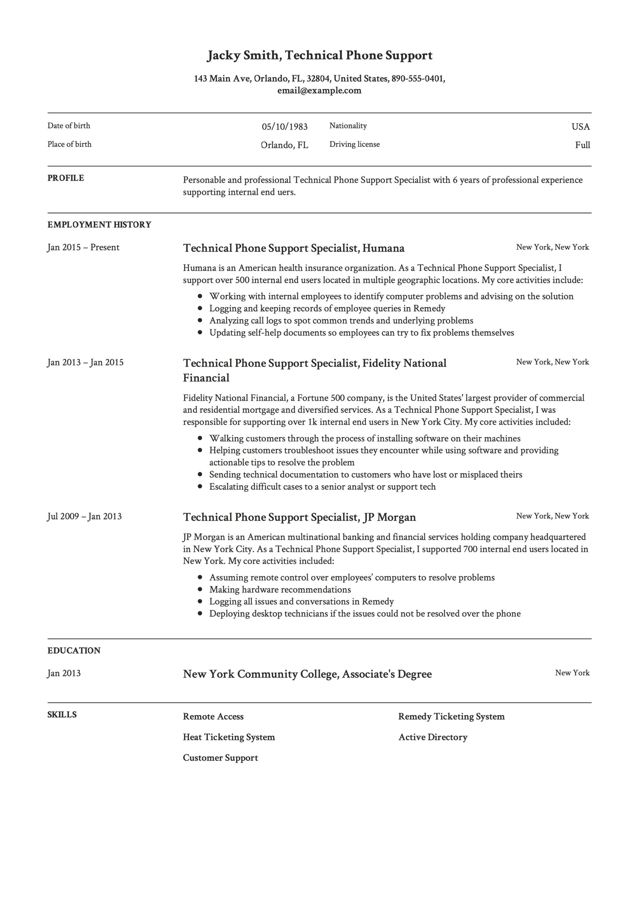 Classic and Professional Technical Phone Support Resume Sample