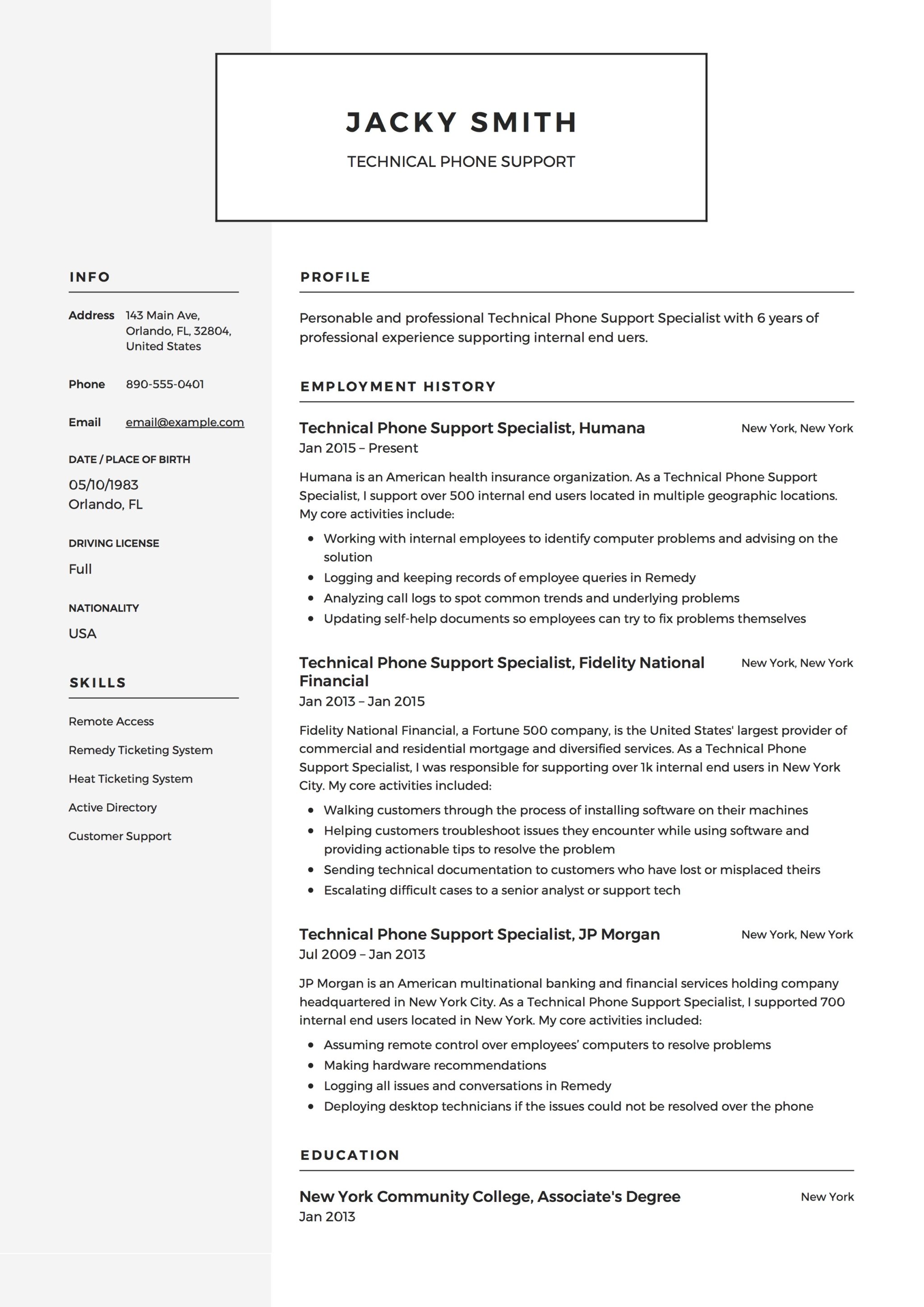 Modern Technical Phone Support Resume Template