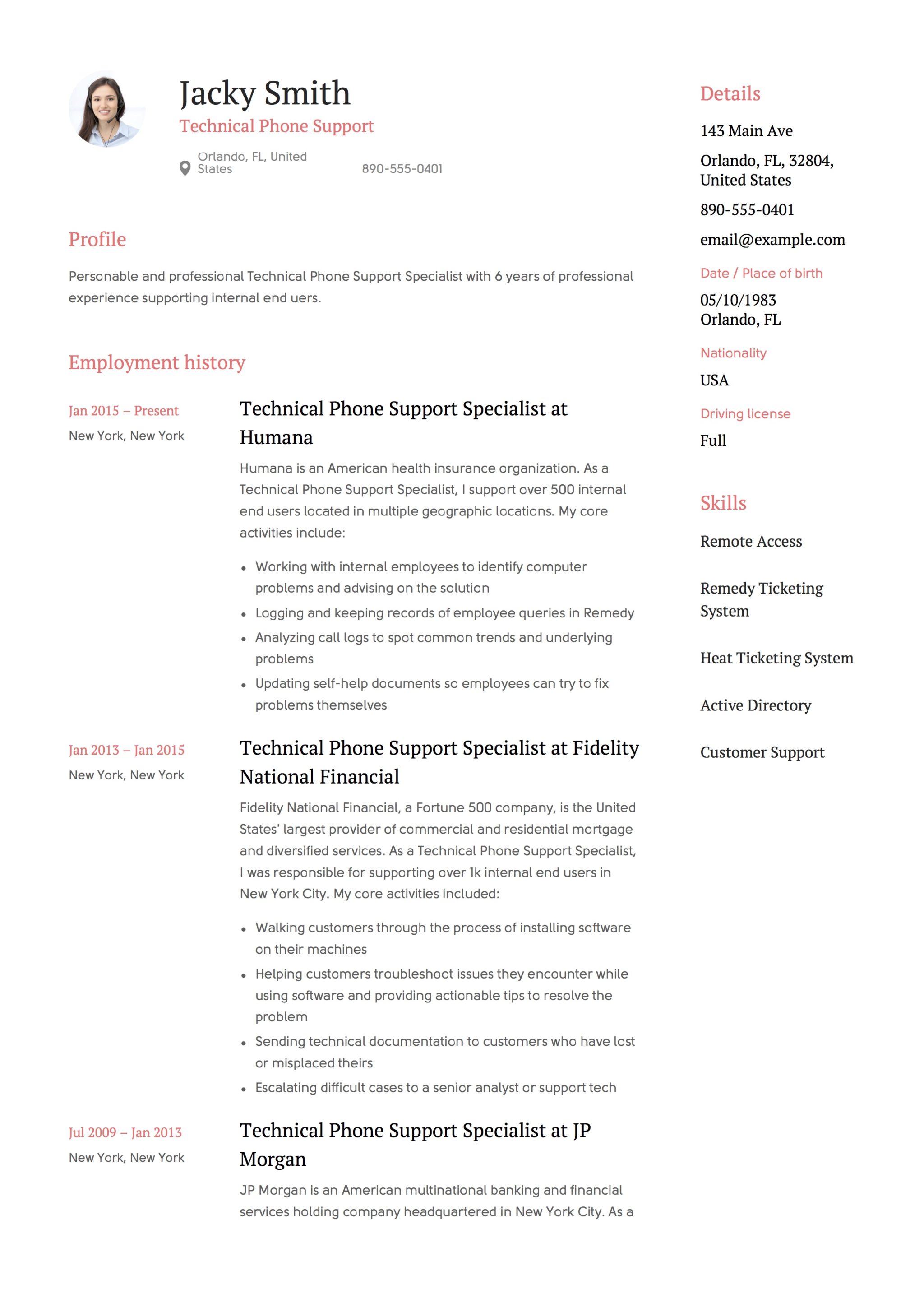 Template Resume - Technical Phone Support with photo
