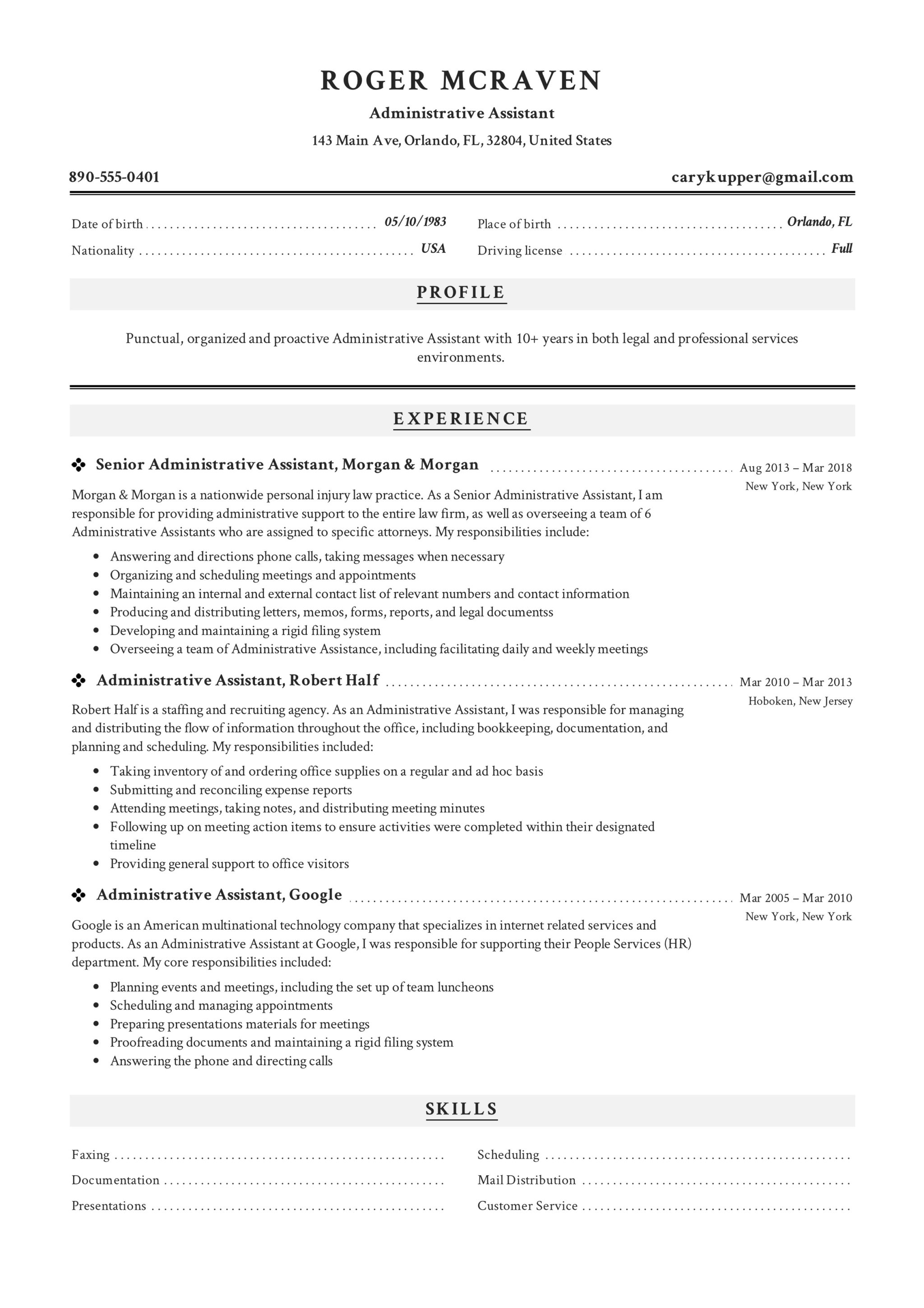 Professional Administrative Assistant Resume Example