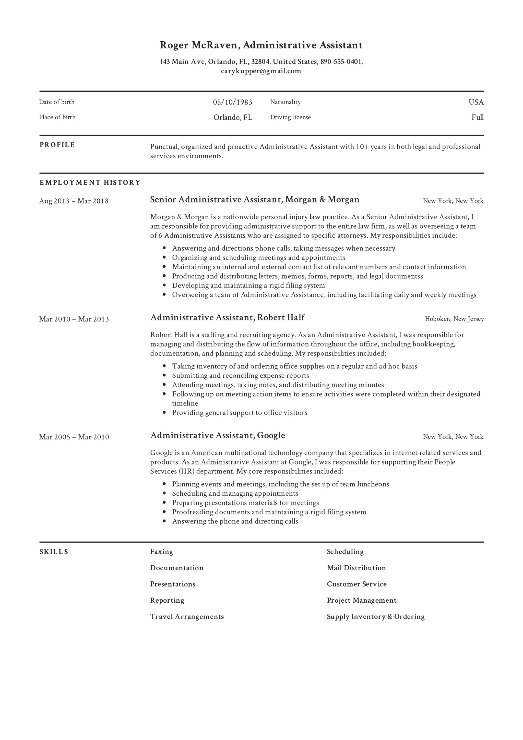 ProfessionalAdministrative Assistant Resume Sample