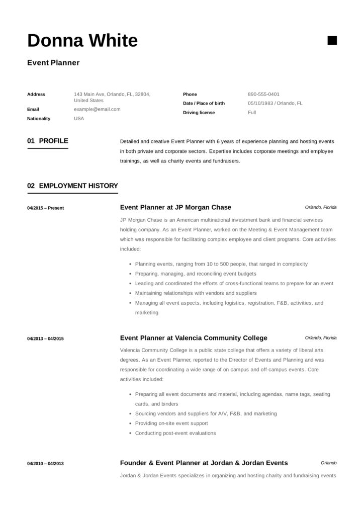Event Planner Example Resume