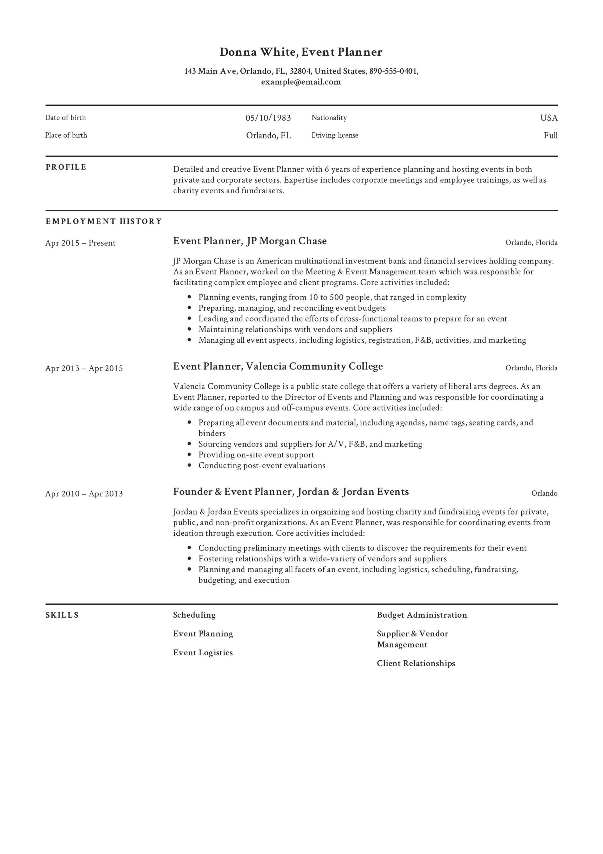 Professional Resume Event Planner Example
