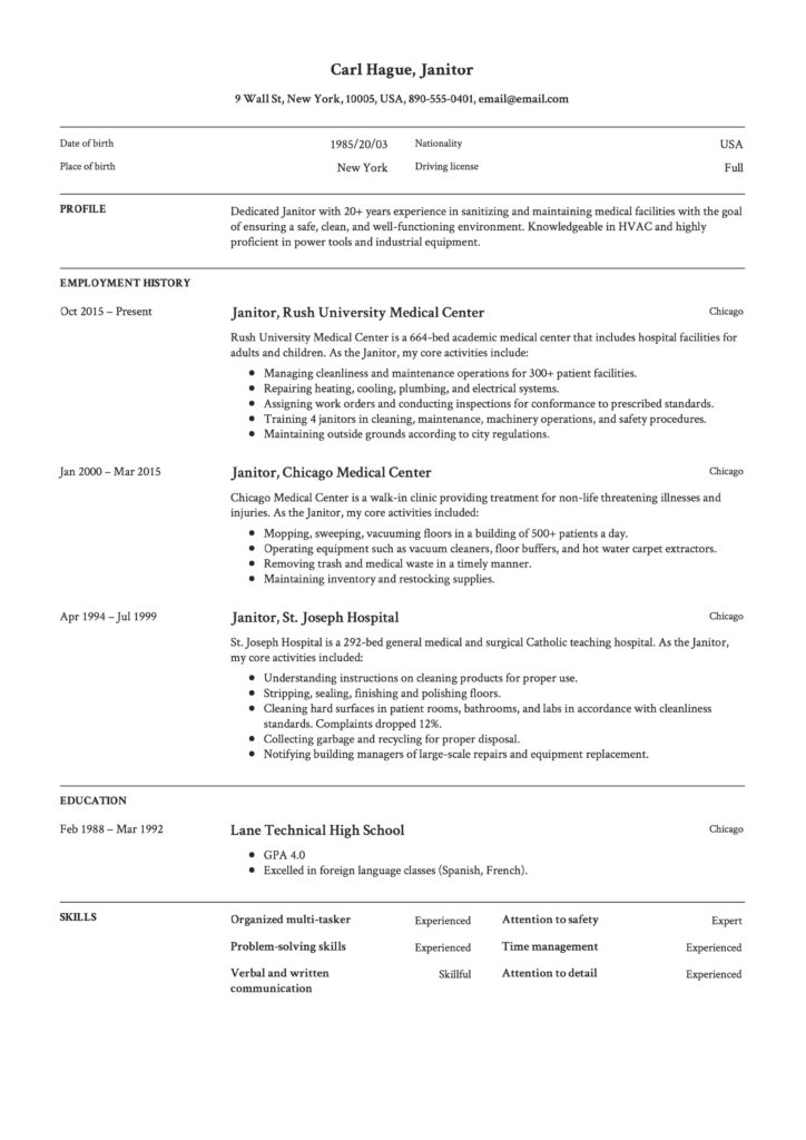 Janitor Resume Example