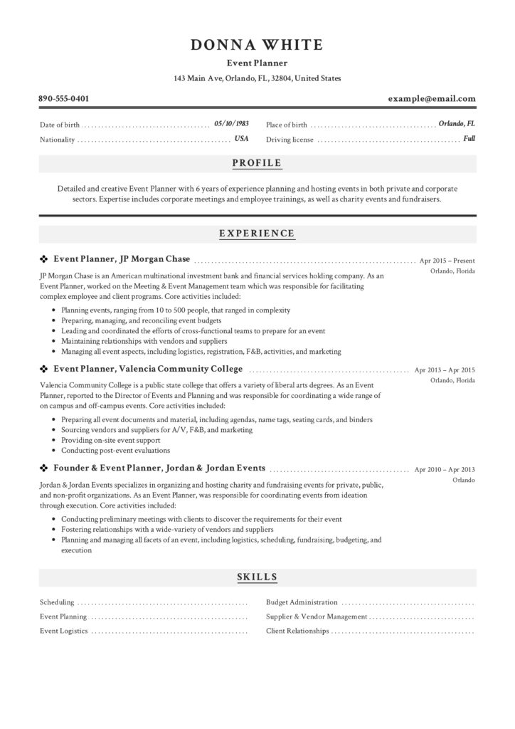 Professional Event Planner Resume Example