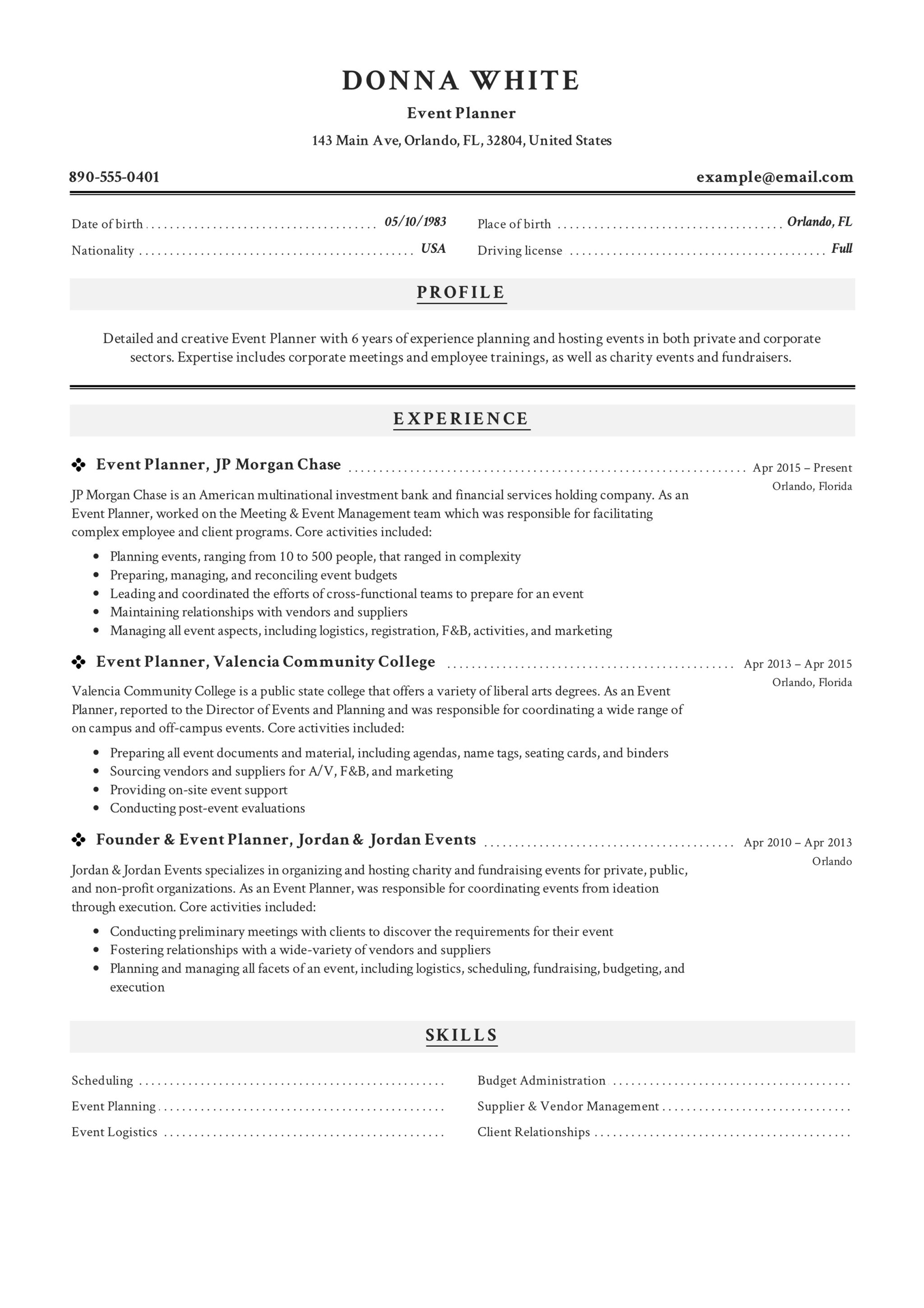 Professional Event Planner Resume Example