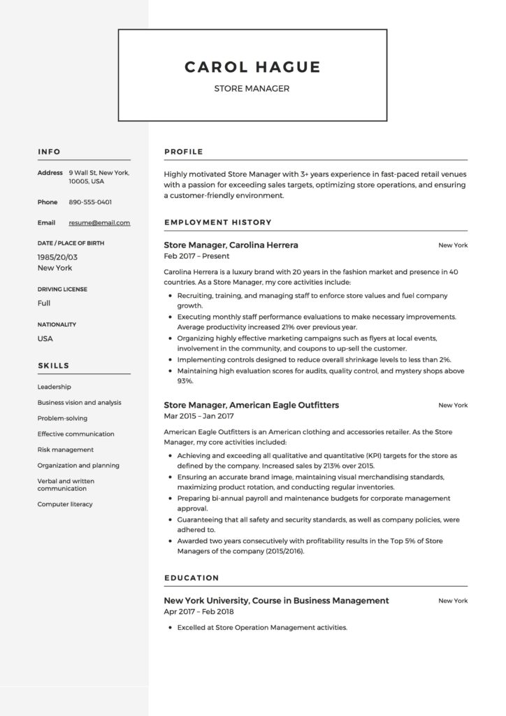 Resume Sample Store Manager