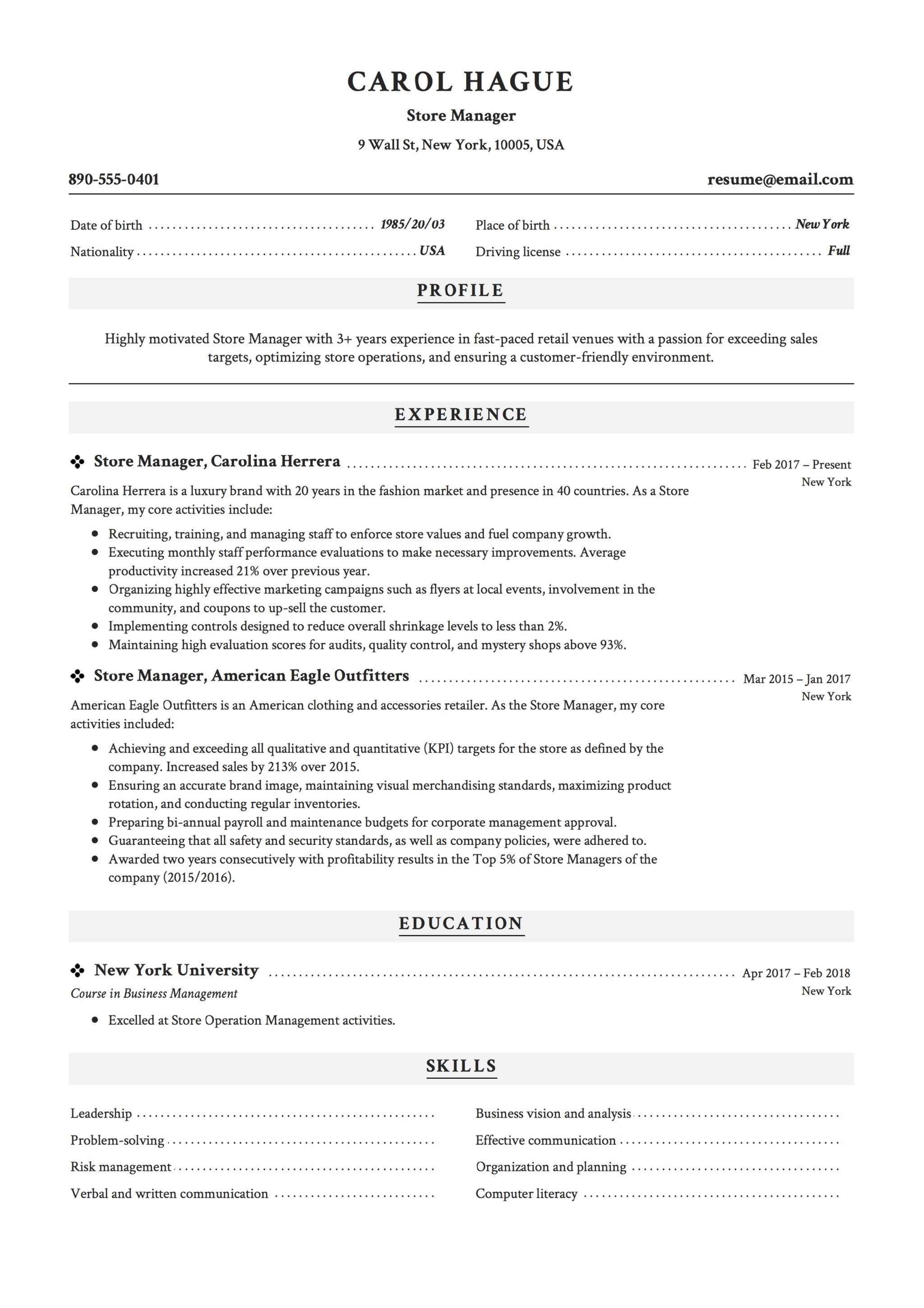 Professional Store Manager Resume Example