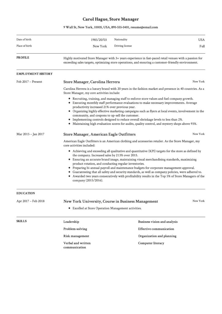 Store Manager Resume Sample