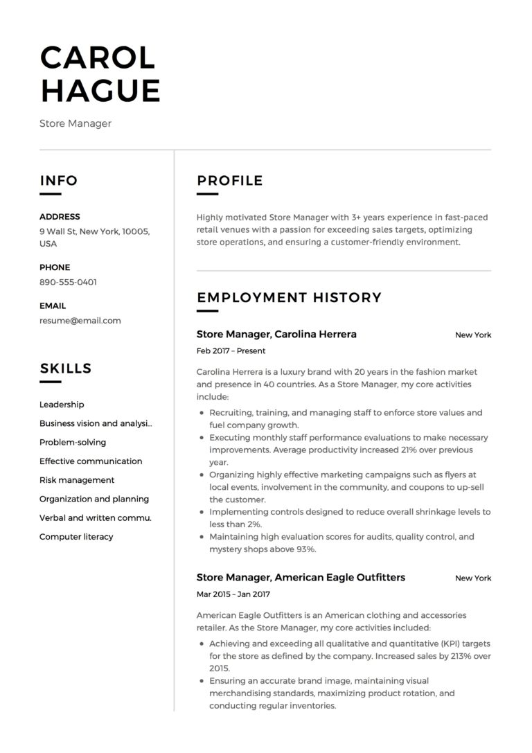 Modern Store Manager Resume Sample Template