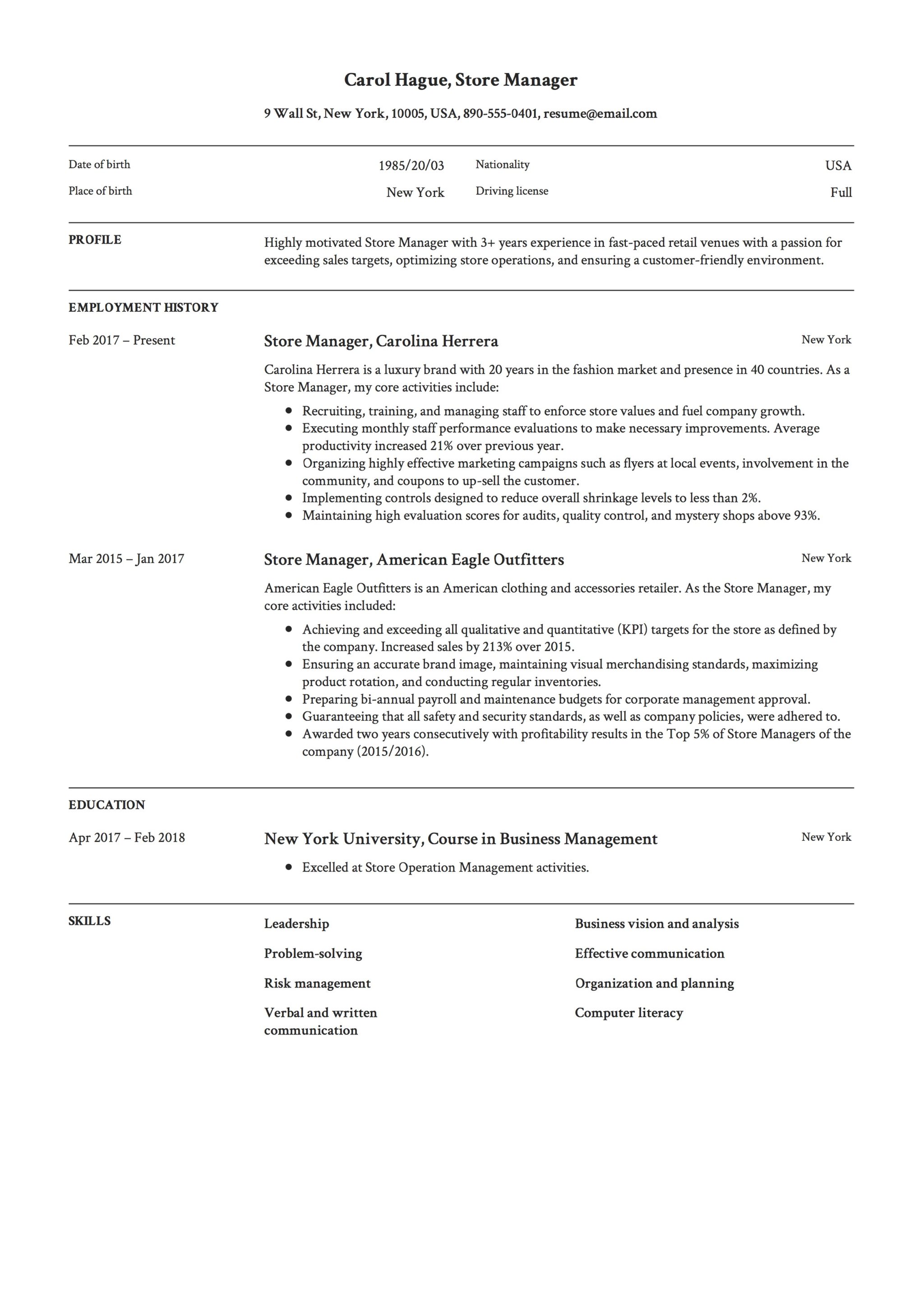 Professional Store Manager Resume Sample