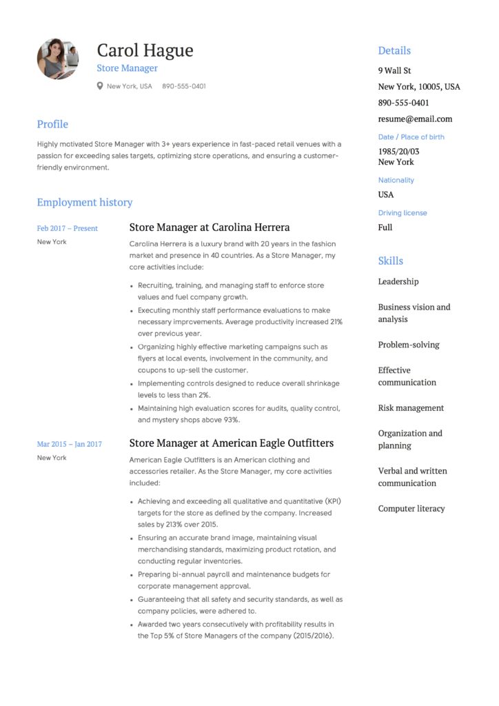 Store Manager Resume Template