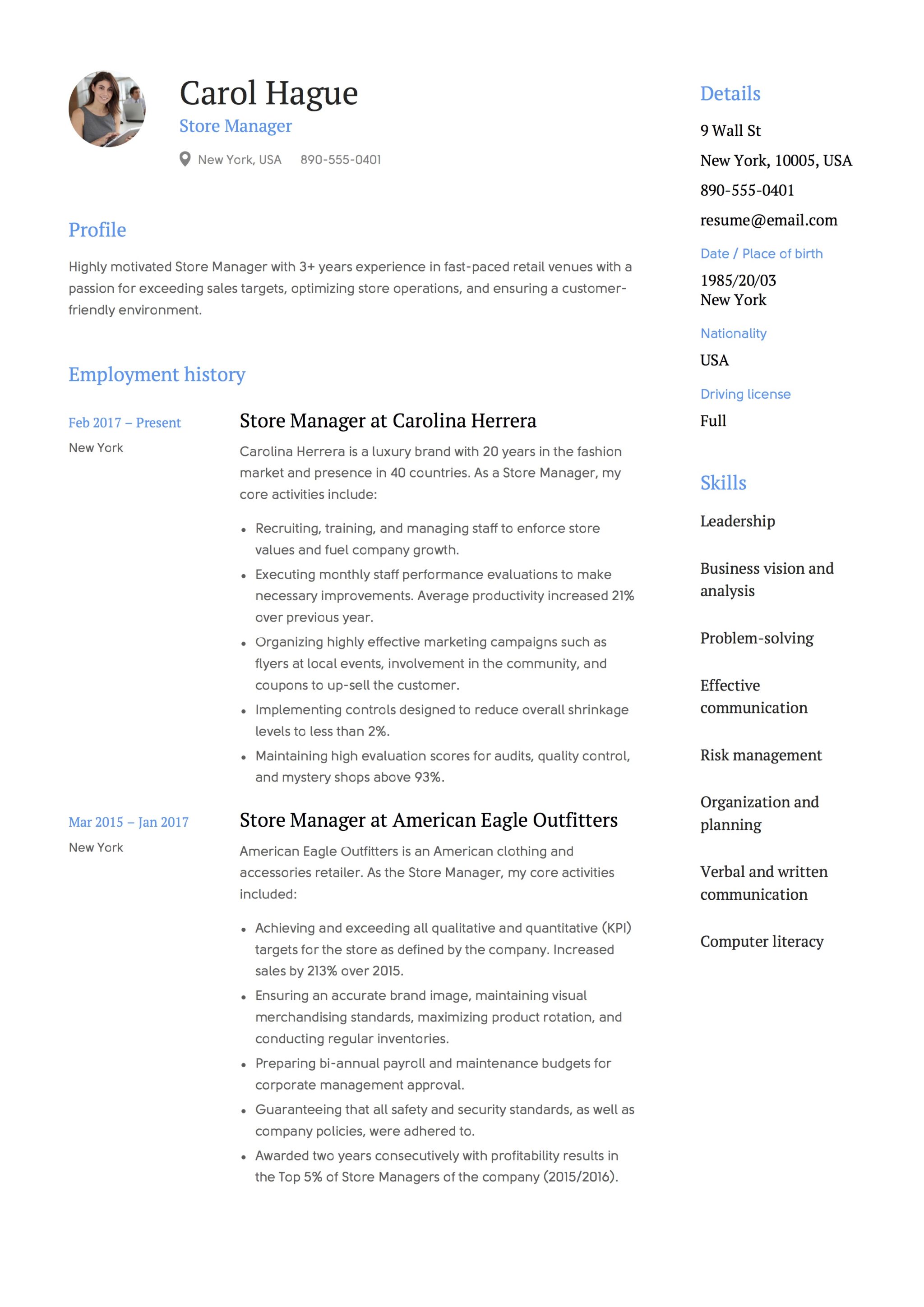 Store Manager CV Template