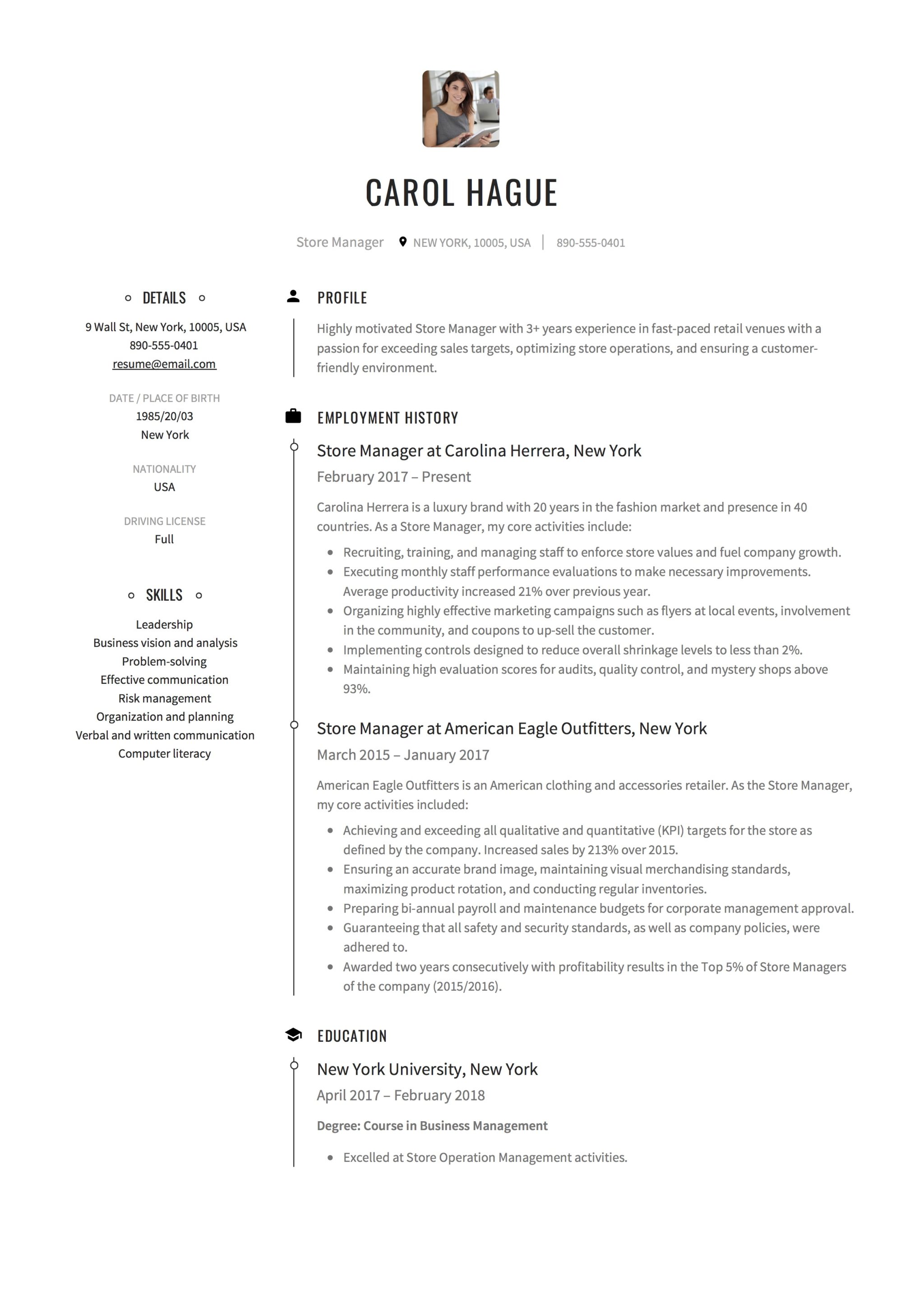Creative Store Manager Resume