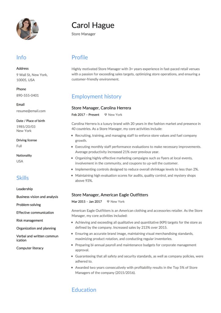 Store Manager Template Resume