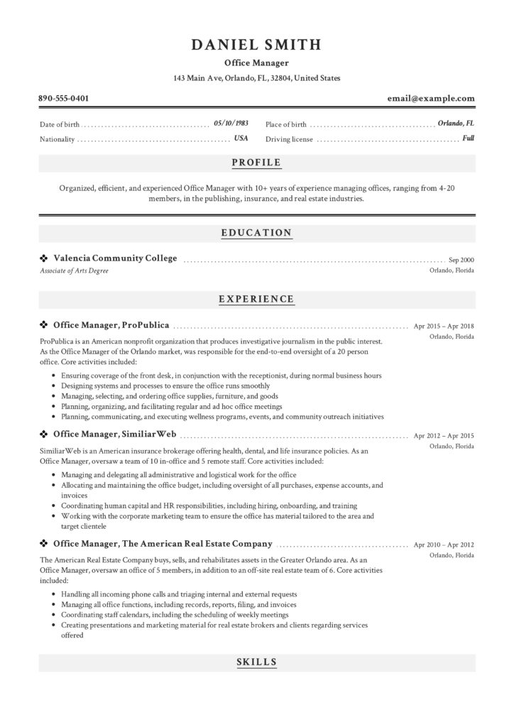 Professional Office Manager Resume Sample Classic