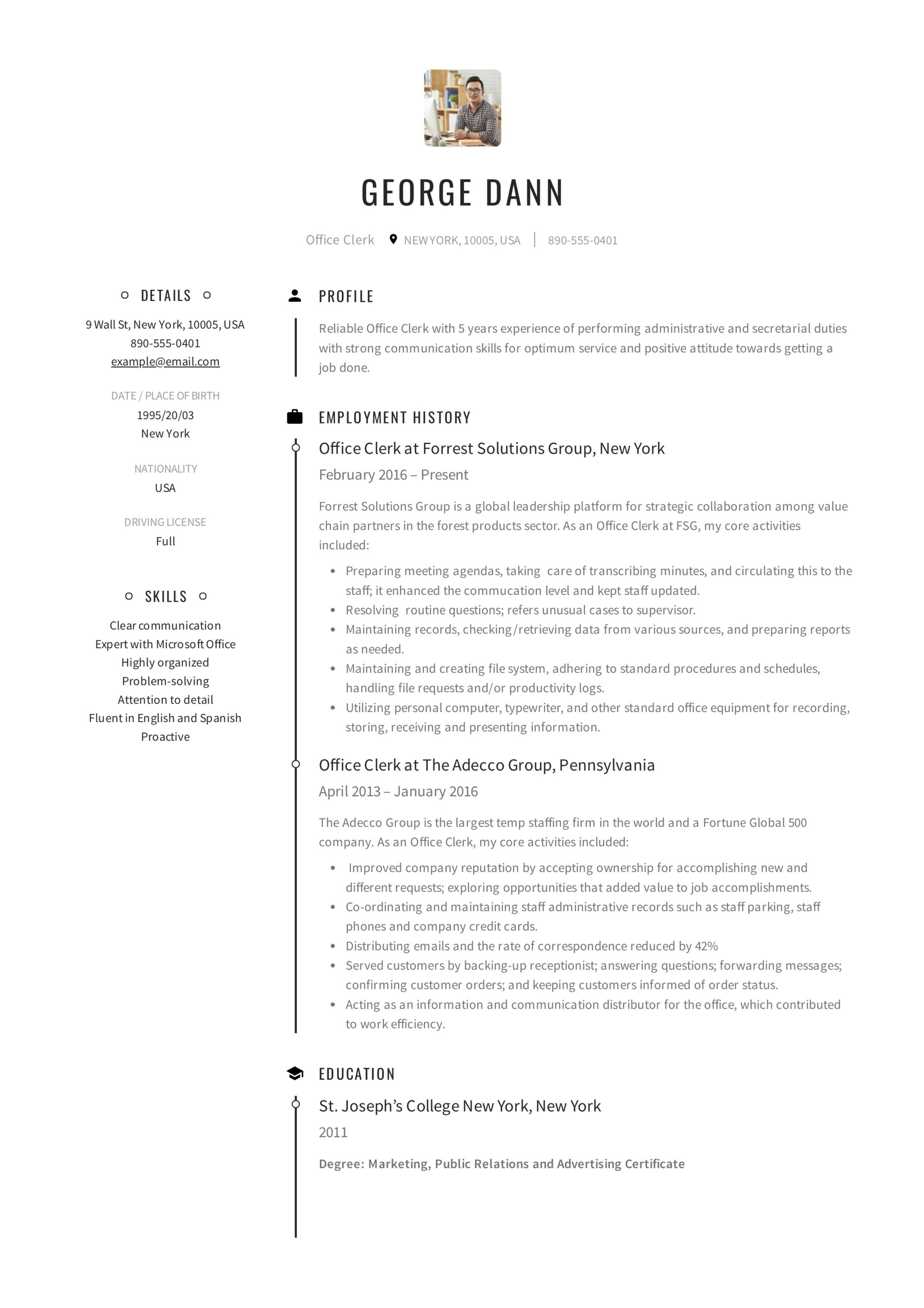 Creative Office Clerk Resume Sample