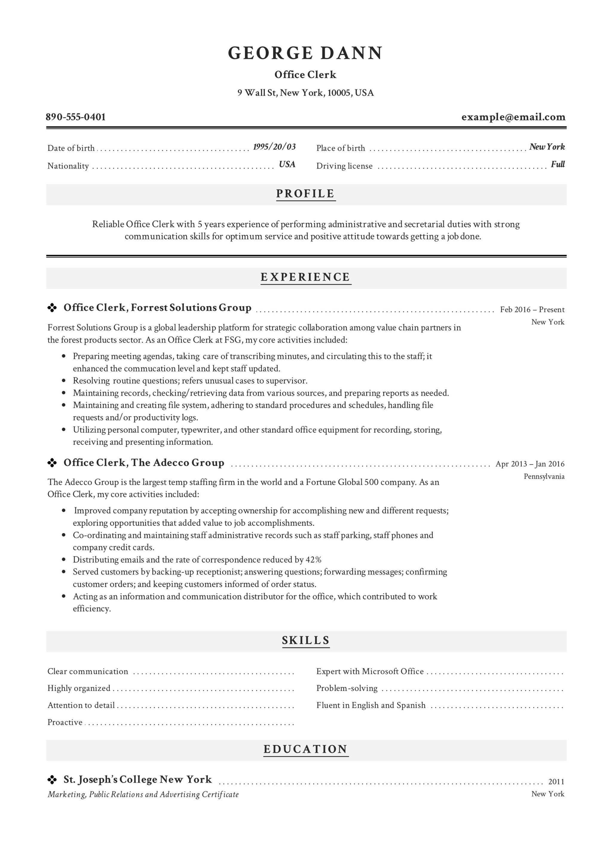Professional Resume Office Clerk