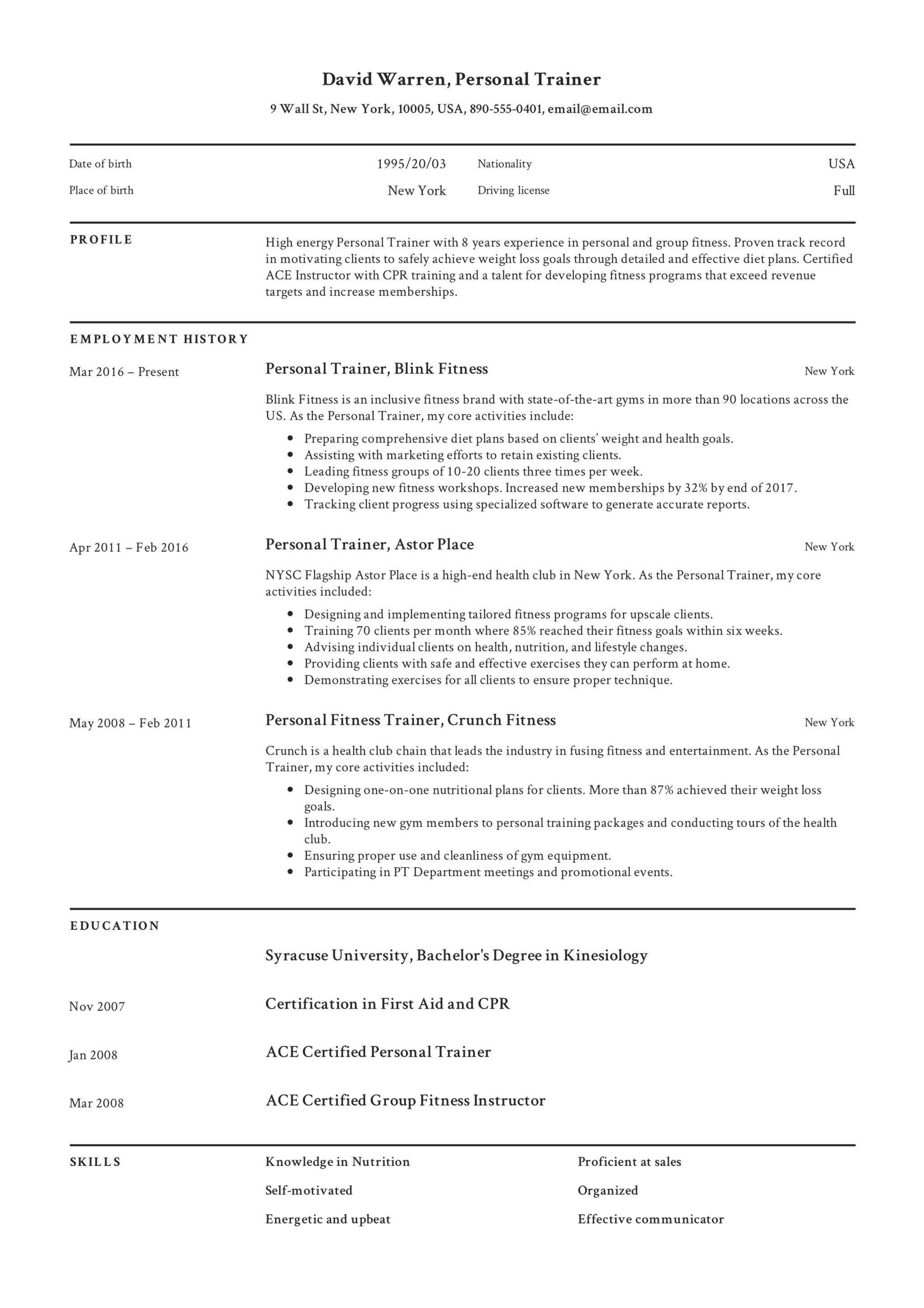 Professional Personal Trainer Resume