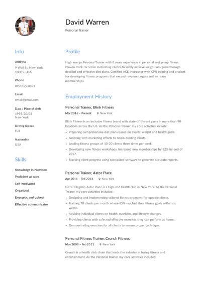 Personal Trainer - Resume Example