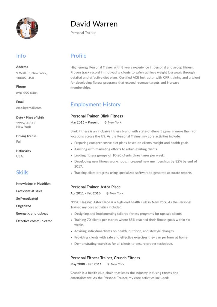 Personal Trainer Resume Example