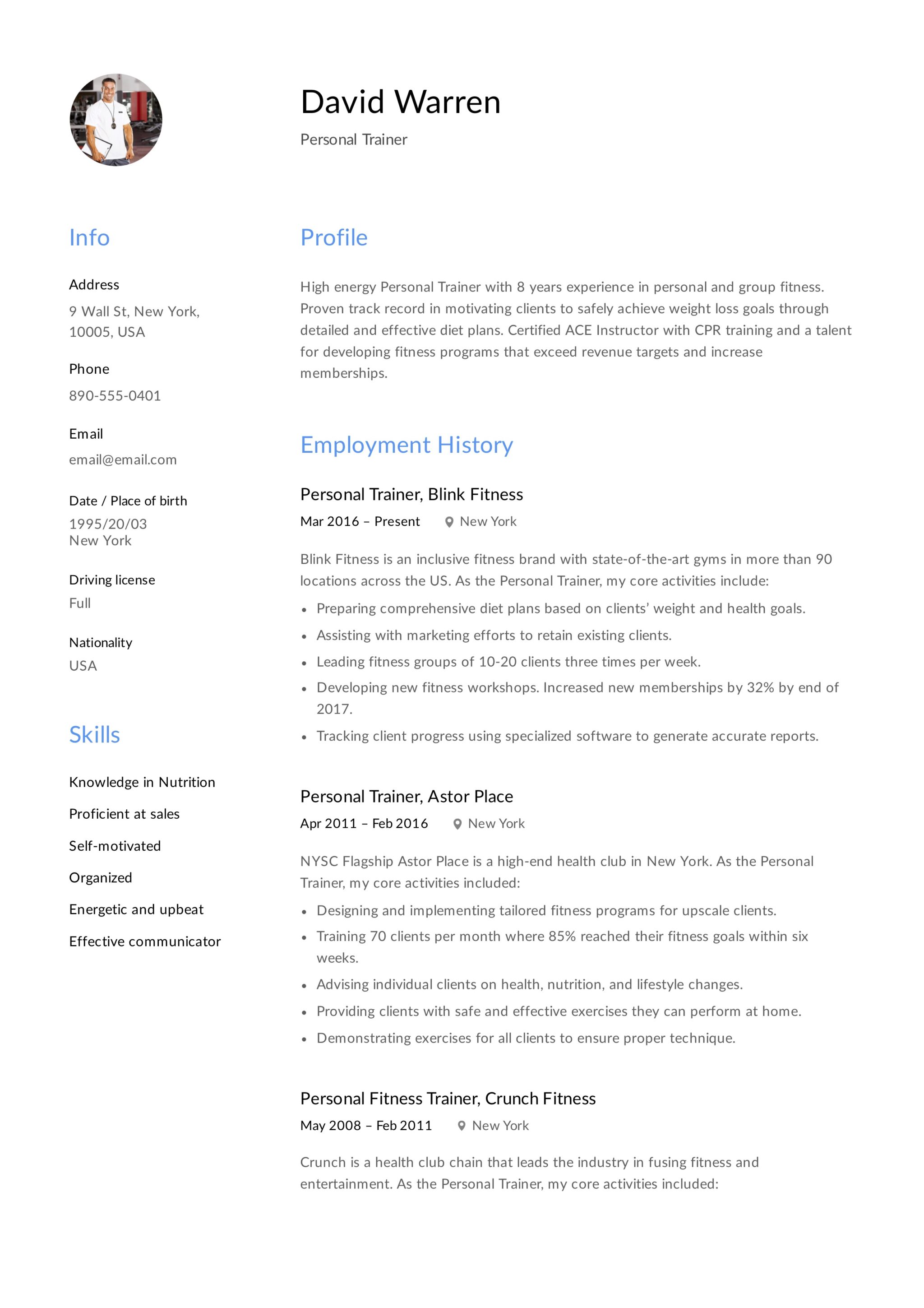 Personal Trainer - Resume Example