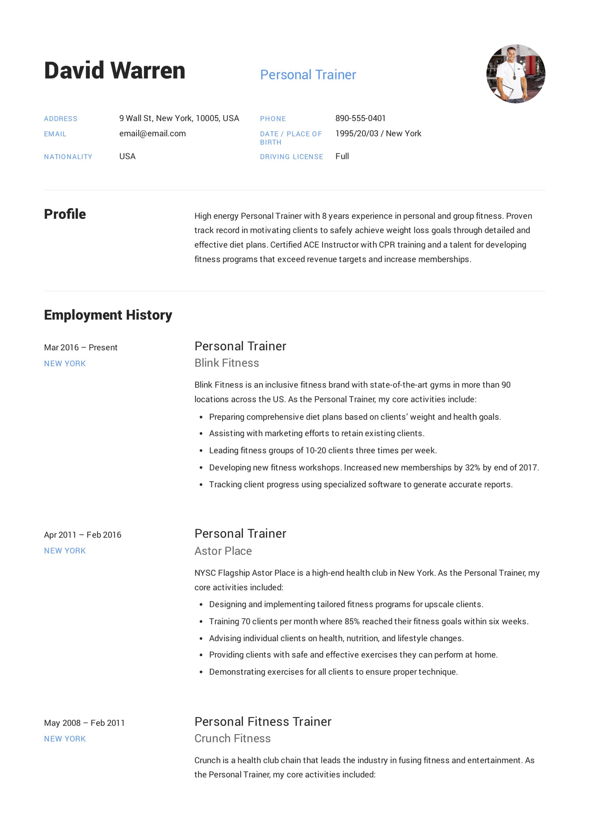 Modern Resume Template Personal Trainer