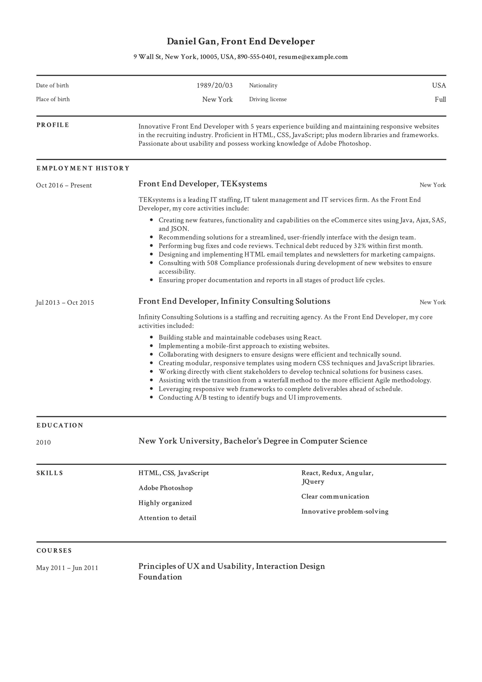 Professional Front-End Developer Resume Example