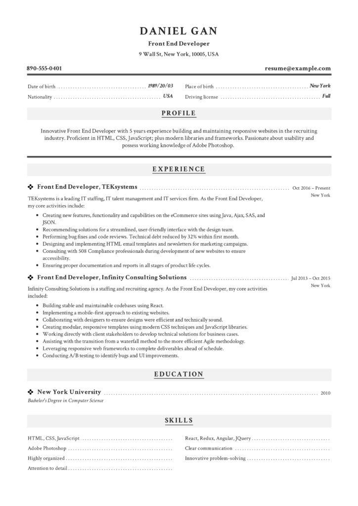 Professional Front-End Developer Resume Example
